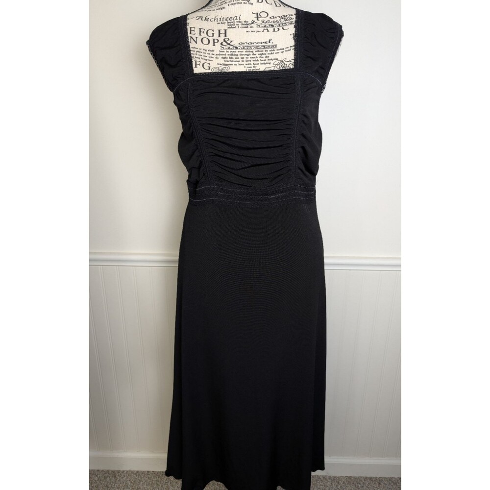 Max Studio Black Midi Dress Size S Ruched Milkmaid Square Neck Ren Faire Fantasy